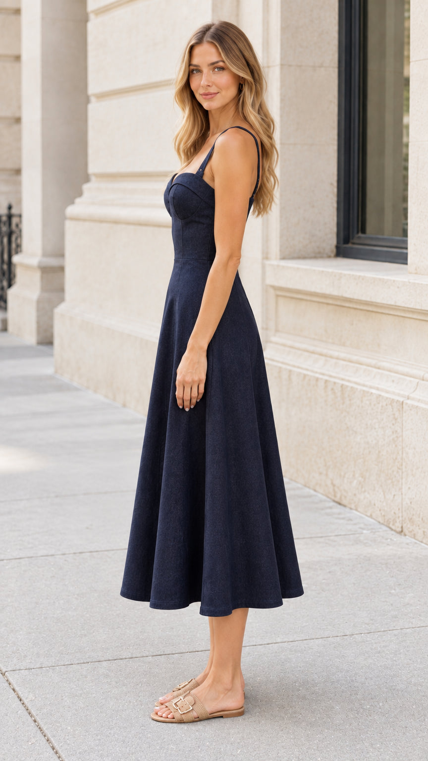 Side profile view of woman wearing navy blue fit and flare bustier midi dress