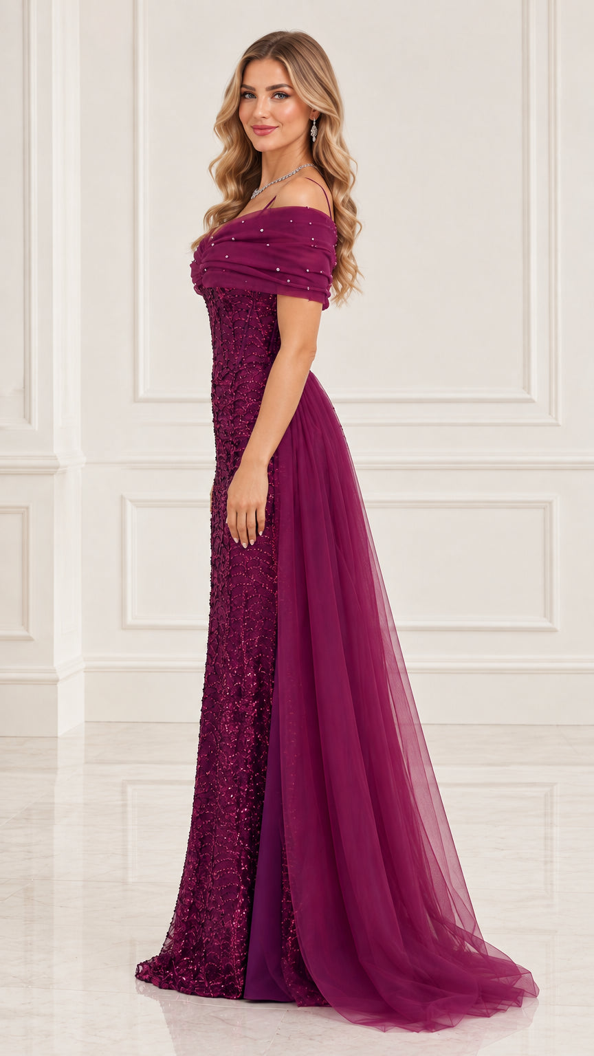 Side angle view of plum sequin formal maxi dress highlighting side train