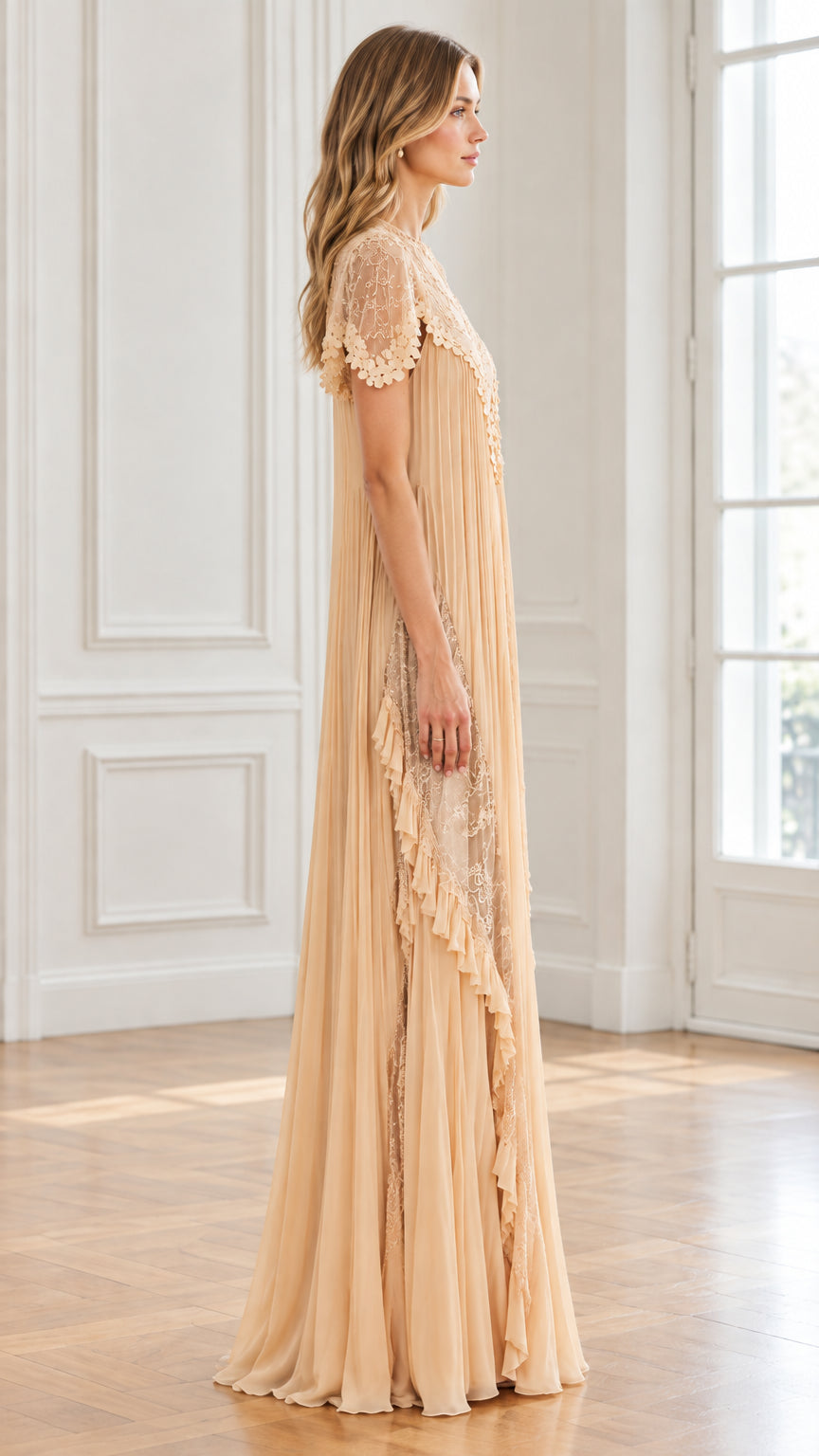 Champagne pleated evening maxi dress side view