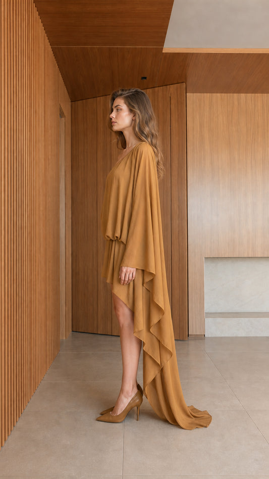 Side profile view of model in camel draped mini dress