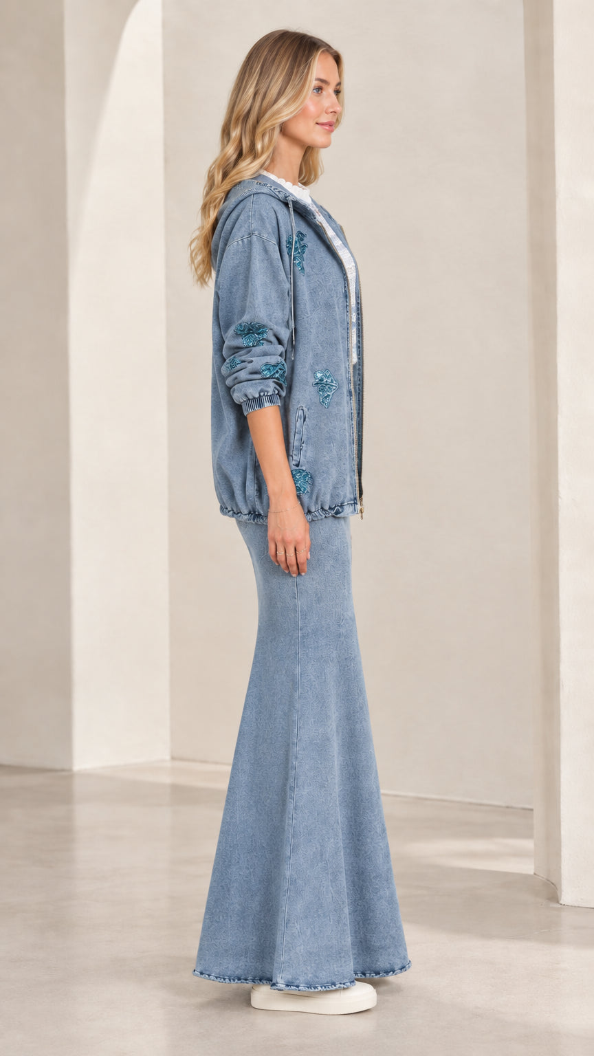 Side profile view of model wearing Light Blue denim coordinate set