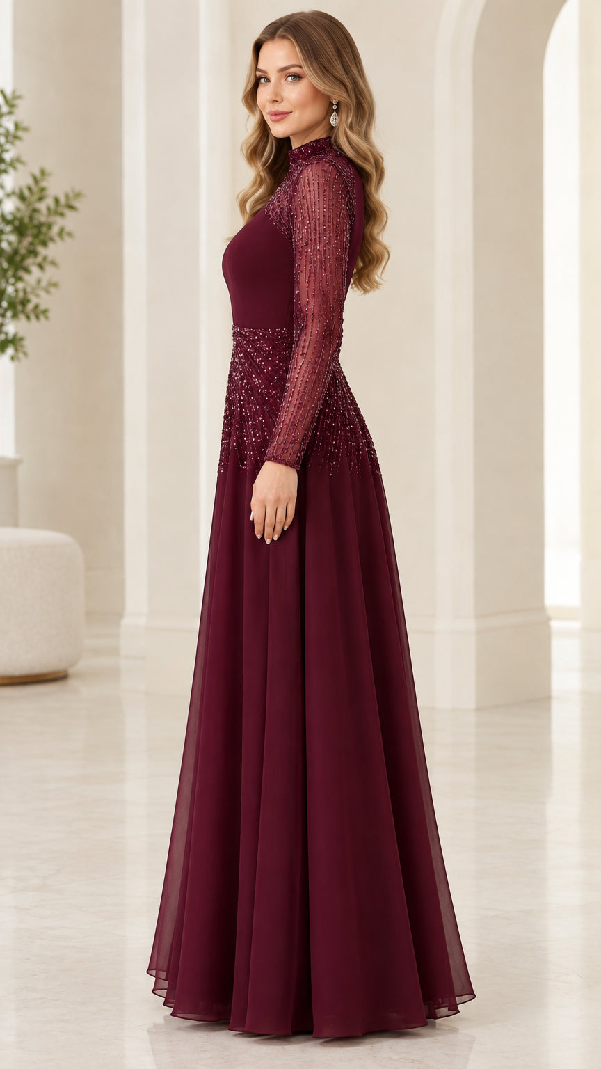 Side profile view of burgundy high neck embellished A-line evening dress