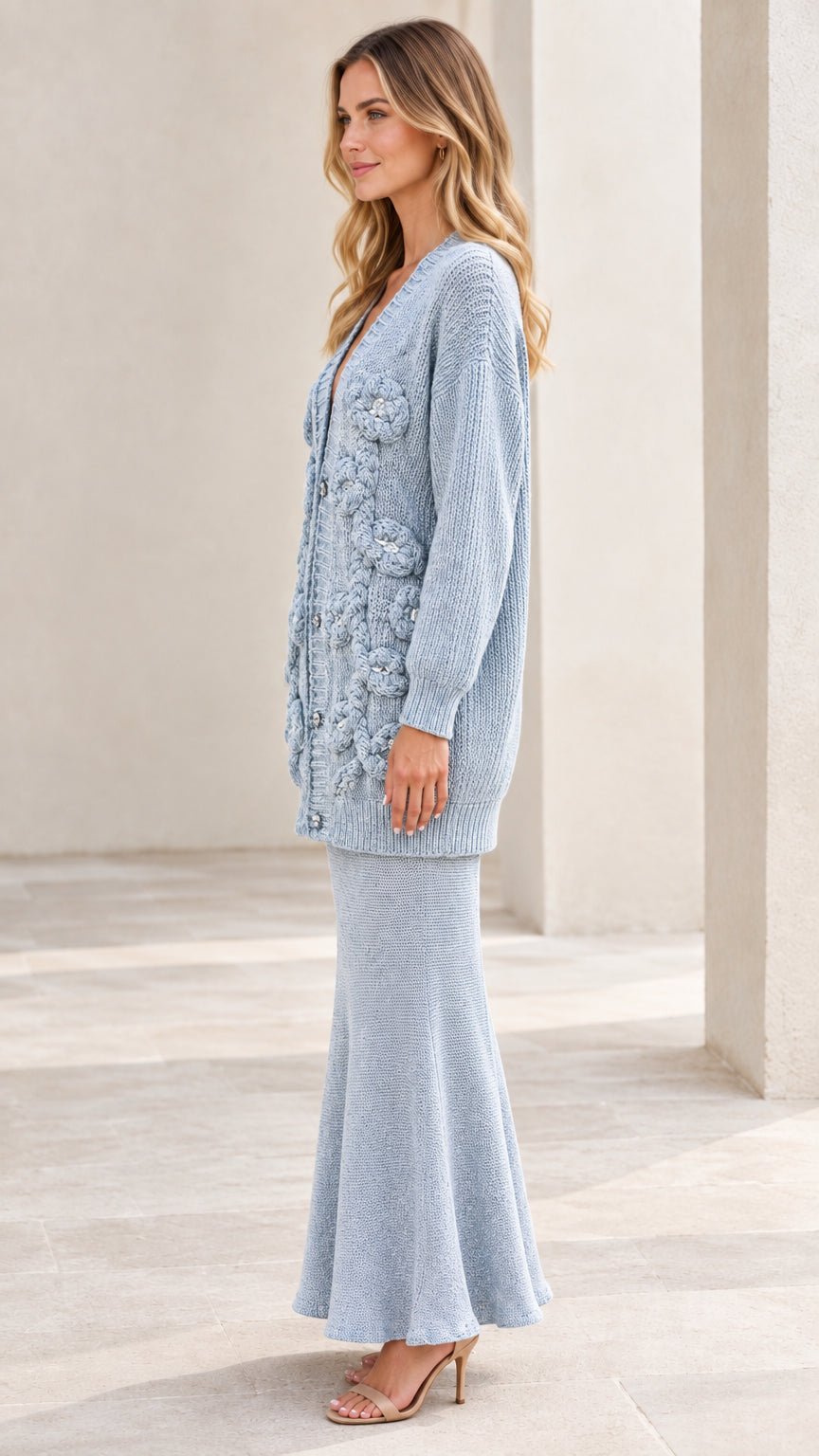 Light blue knitted cardigan and maxi skirt co-ord set side profile view
