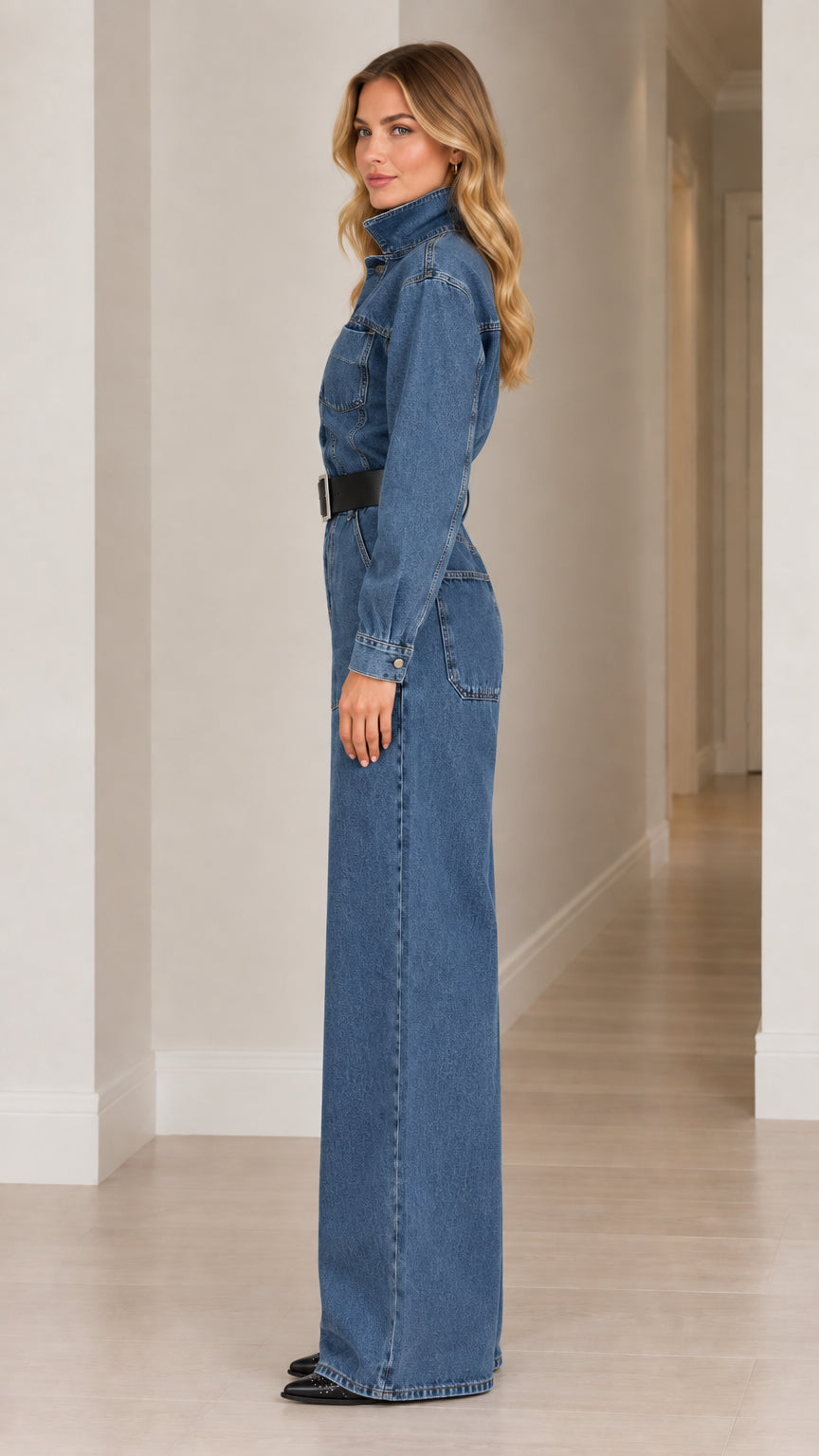 Side profile view of woman wearing medium blue denim wide leg jumpsuit