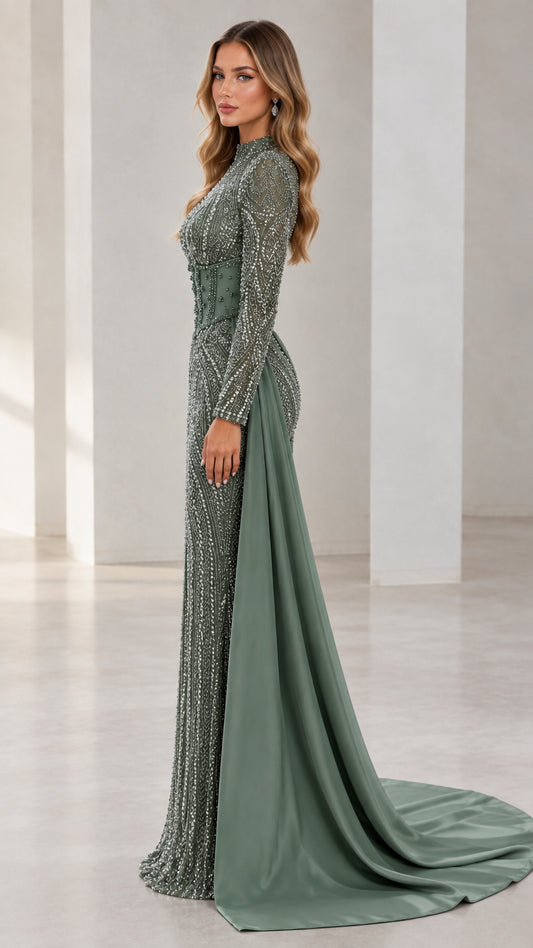 Side profile of Sage Green beaded formal dress showing long sleeves and flowing train