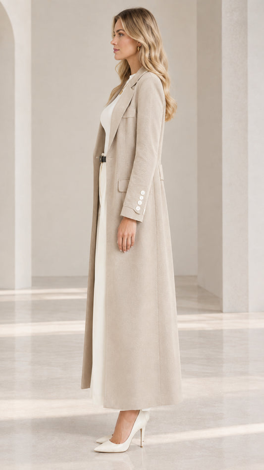 Side profile view of woman modeling the beige longline tailored overcoat