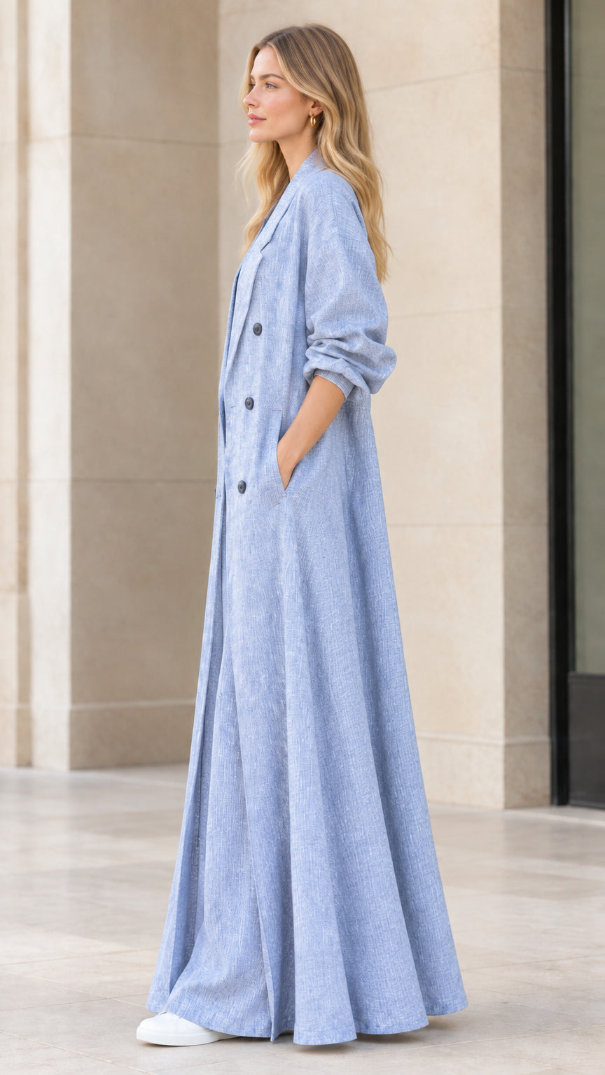 Side profile of woman wearing light blue floor-length duster jacket set