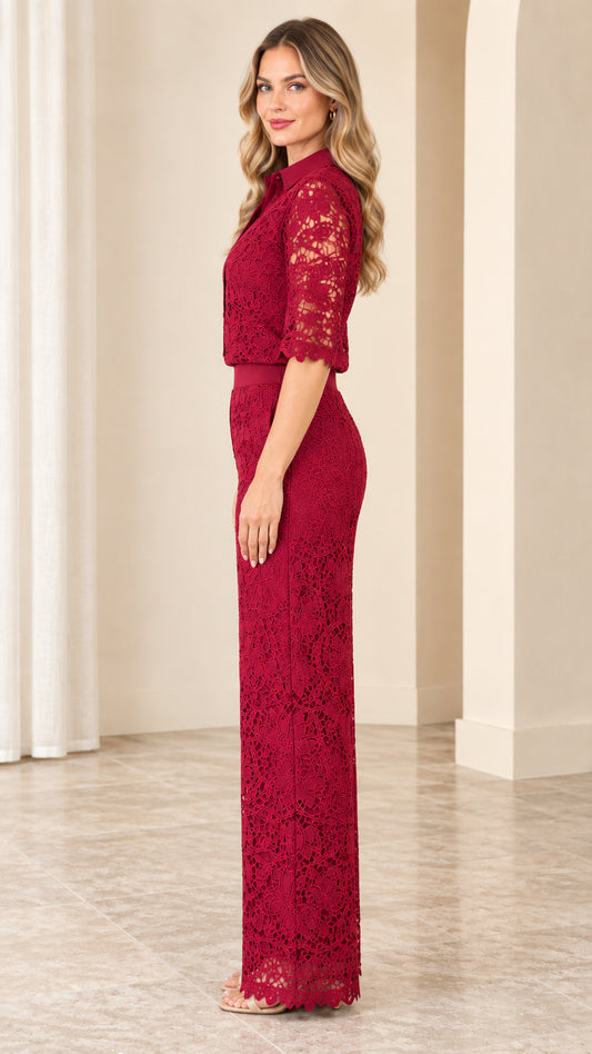 Side profile view of woman modeling wine red floral lace wide-leg jumpsuit