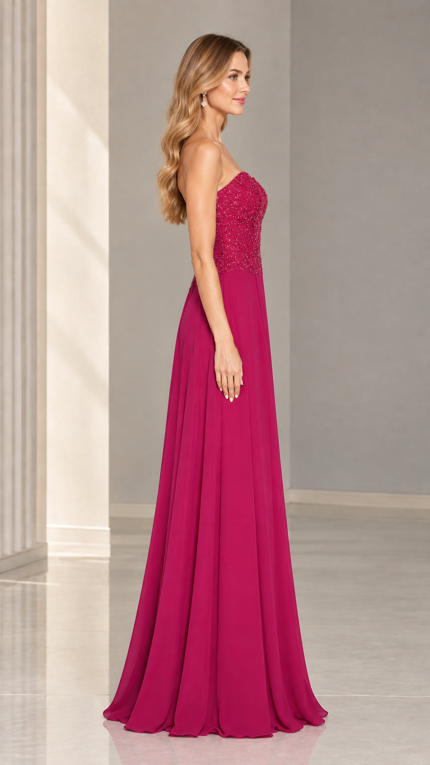 Side profile view of woman modeling magenta strapless A-line maxi dress