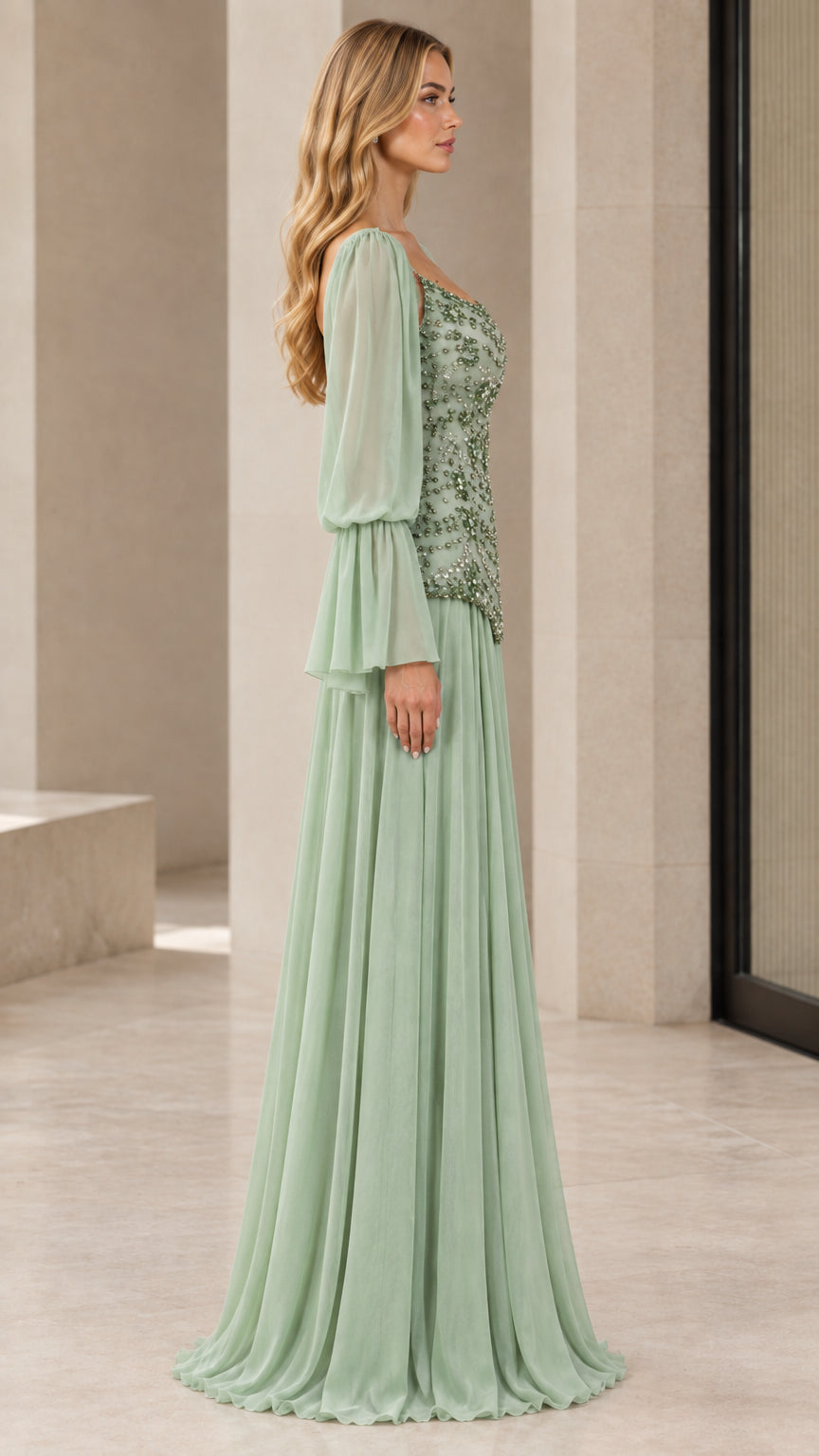 Side profile of woman in sage green embellished long sleeve formal maxi dress