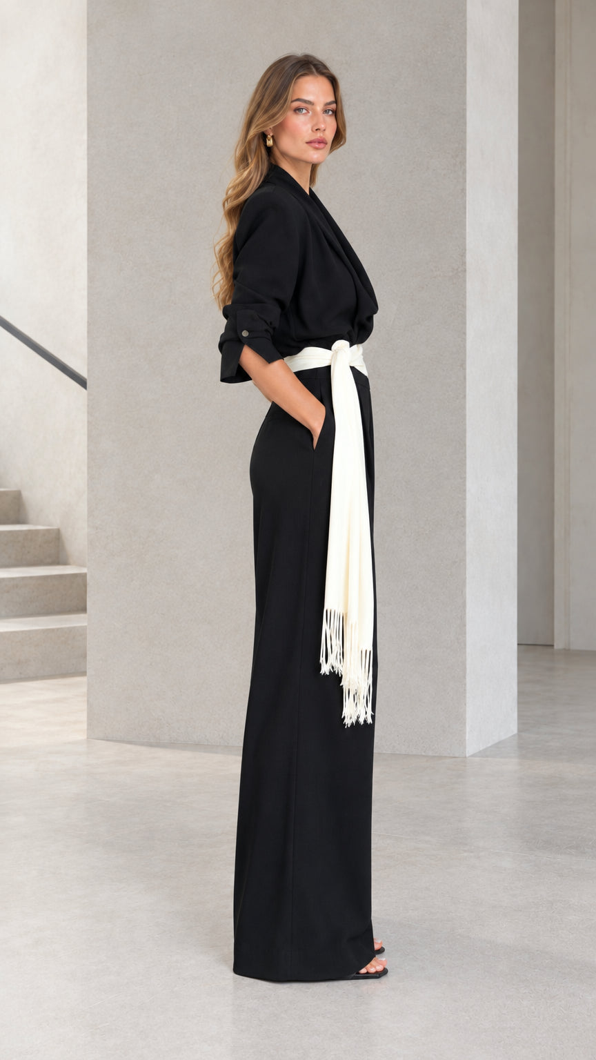 Side profile view of woman wearing Black tailored wide leg jumpsuit with cream sash belt