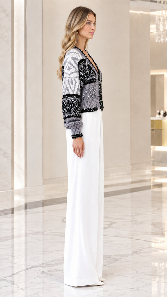 Side profile of model wearing gray embellished cropped knit cardigan