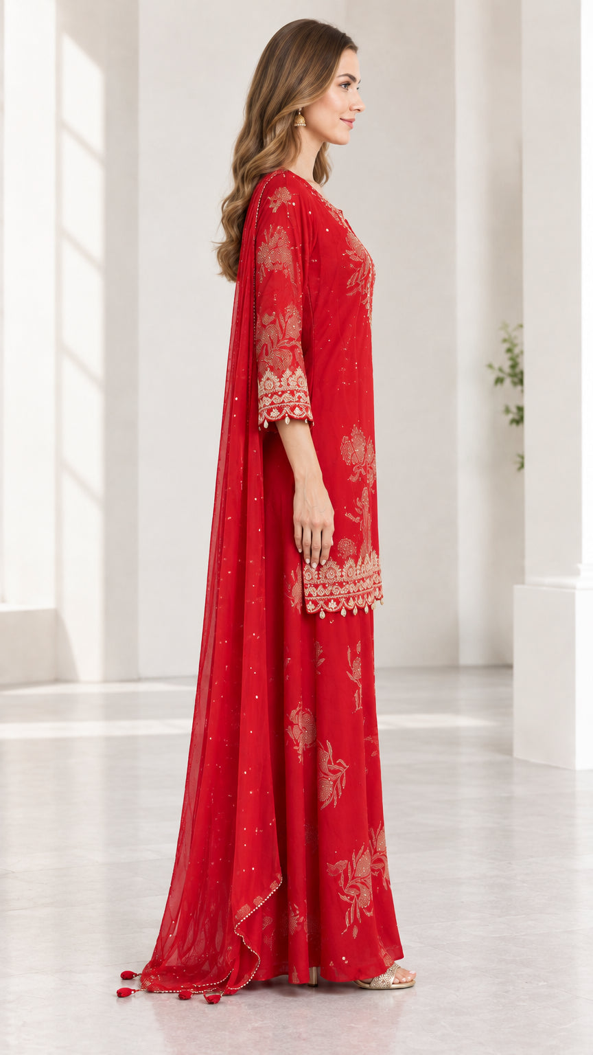 Side profile of woman wearing red 3-piece ethnic sharara suit set