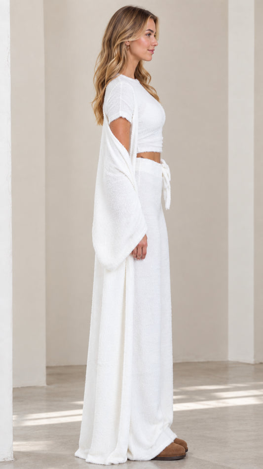 White 3-piece fuzzy lounge set side view showing cropped top and duster