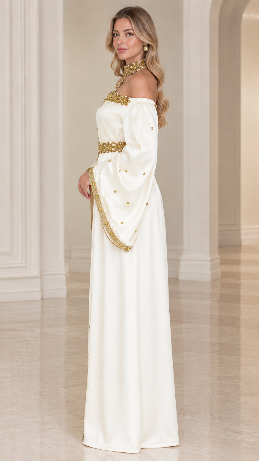 Side profile view of ivory satin bell sleeve maxi evening gown
