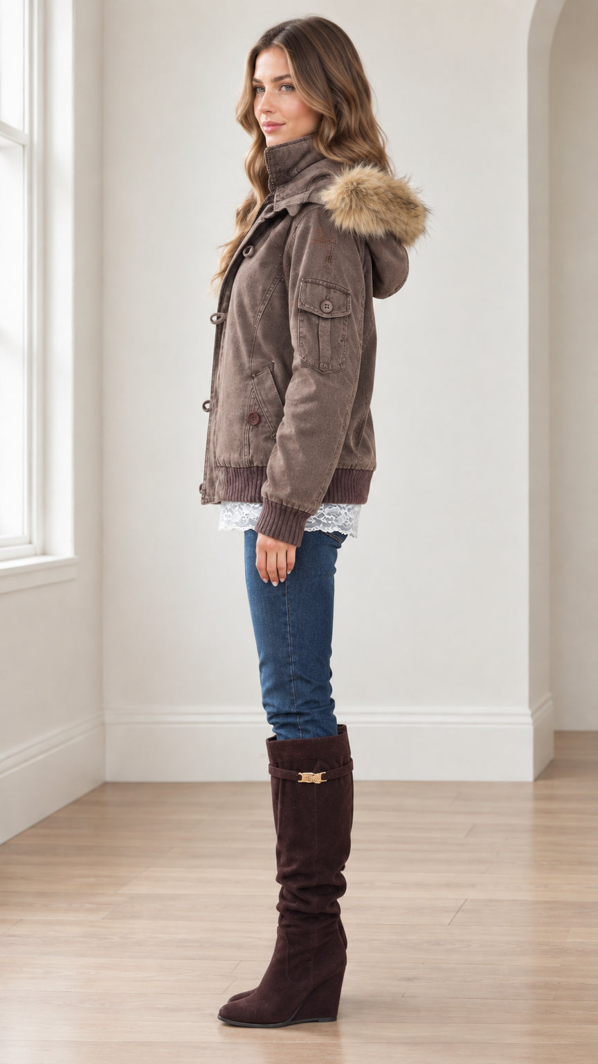 Side profile view of woman wearing Mocha Brown faux fur trim hooded bomber jacket