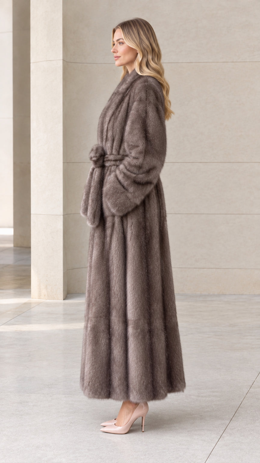 Side profile of woman in full-length taupe faux fur coat
