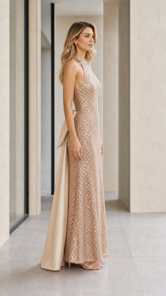 Side profile view of champagne sequin gown with back train