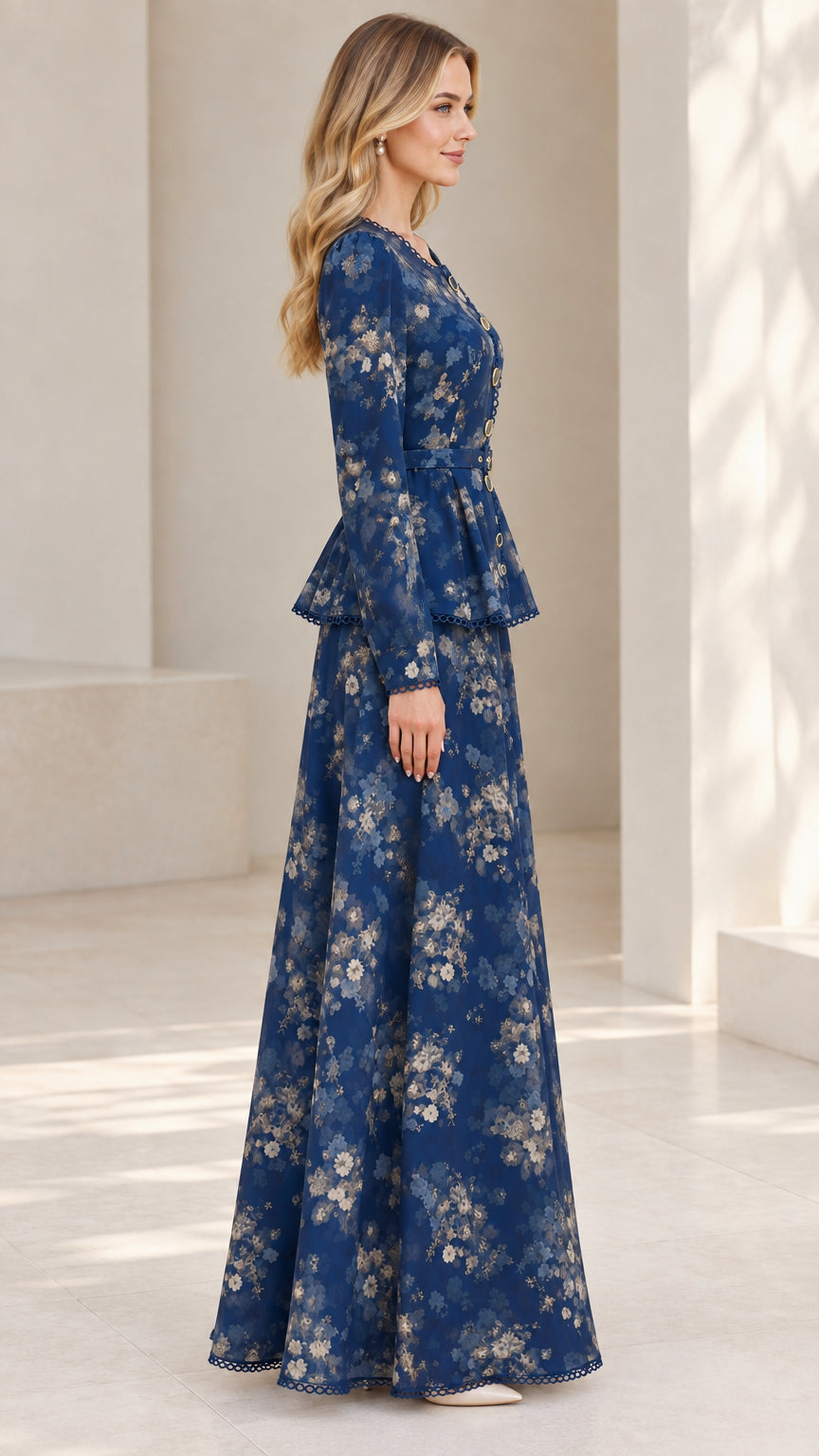 Side profile view of model wearing Navy Blue long sleeve floral maxi dress
