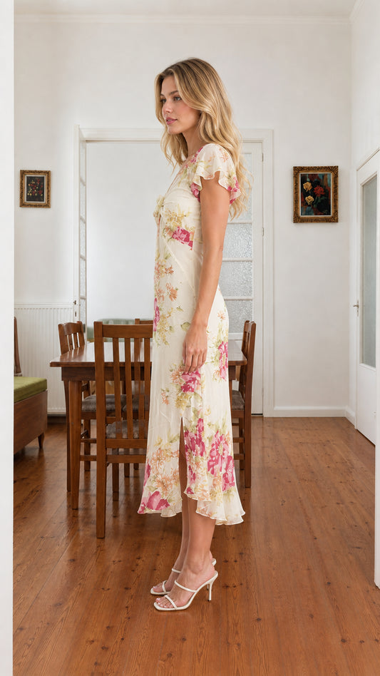 Side view of cream floral midi dress showing side leg slit