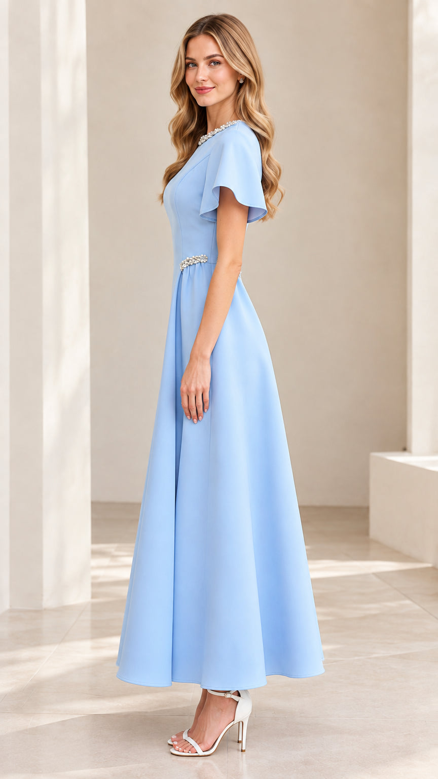 Side profile of Sky Blue flutter sleeve formal evening dress