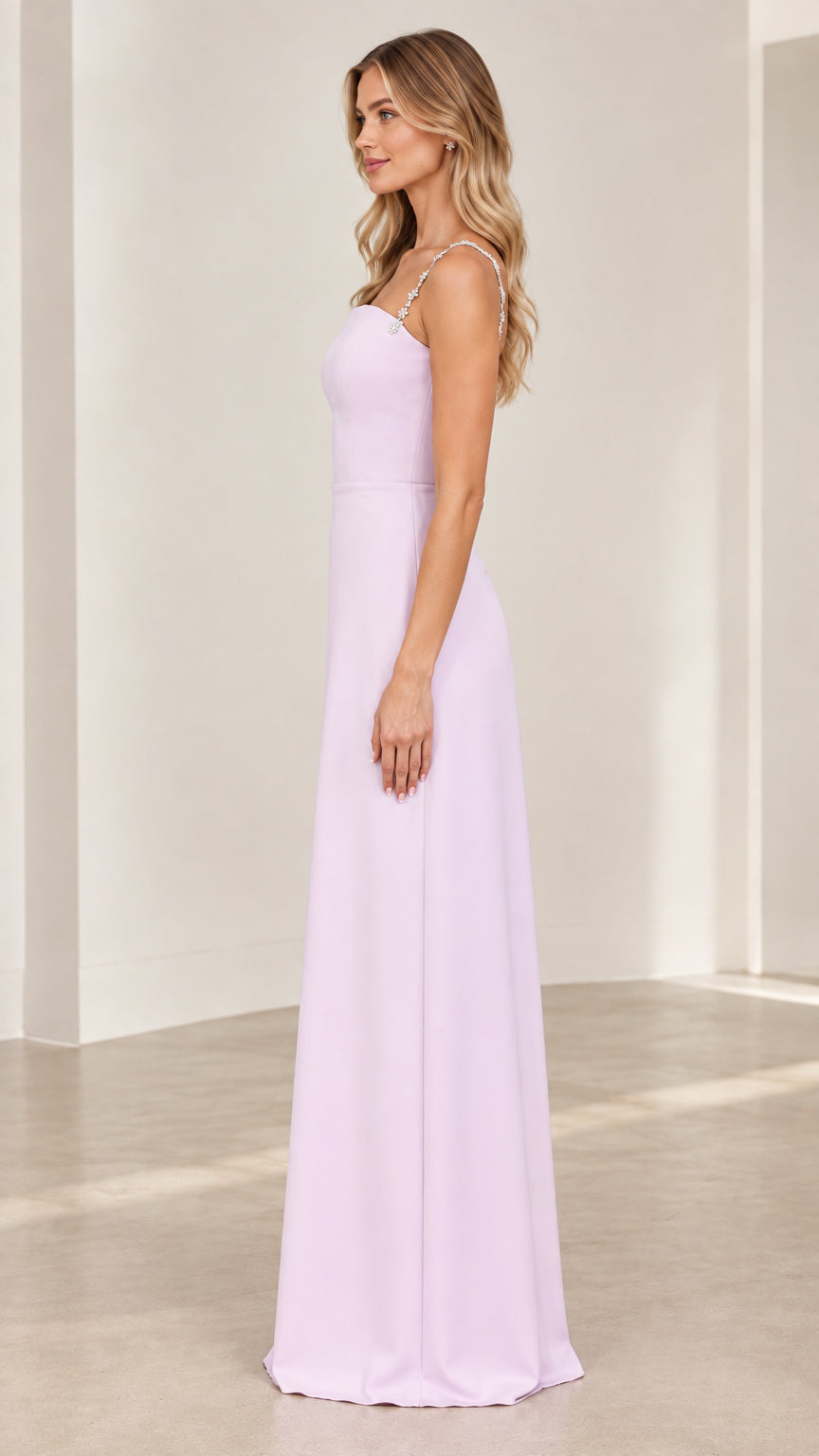 Lilac maxi bridesmaid dress with rhinestone straps side profile