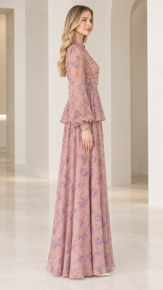 Side view of dusty rose floral long sleeve peplum evening dress