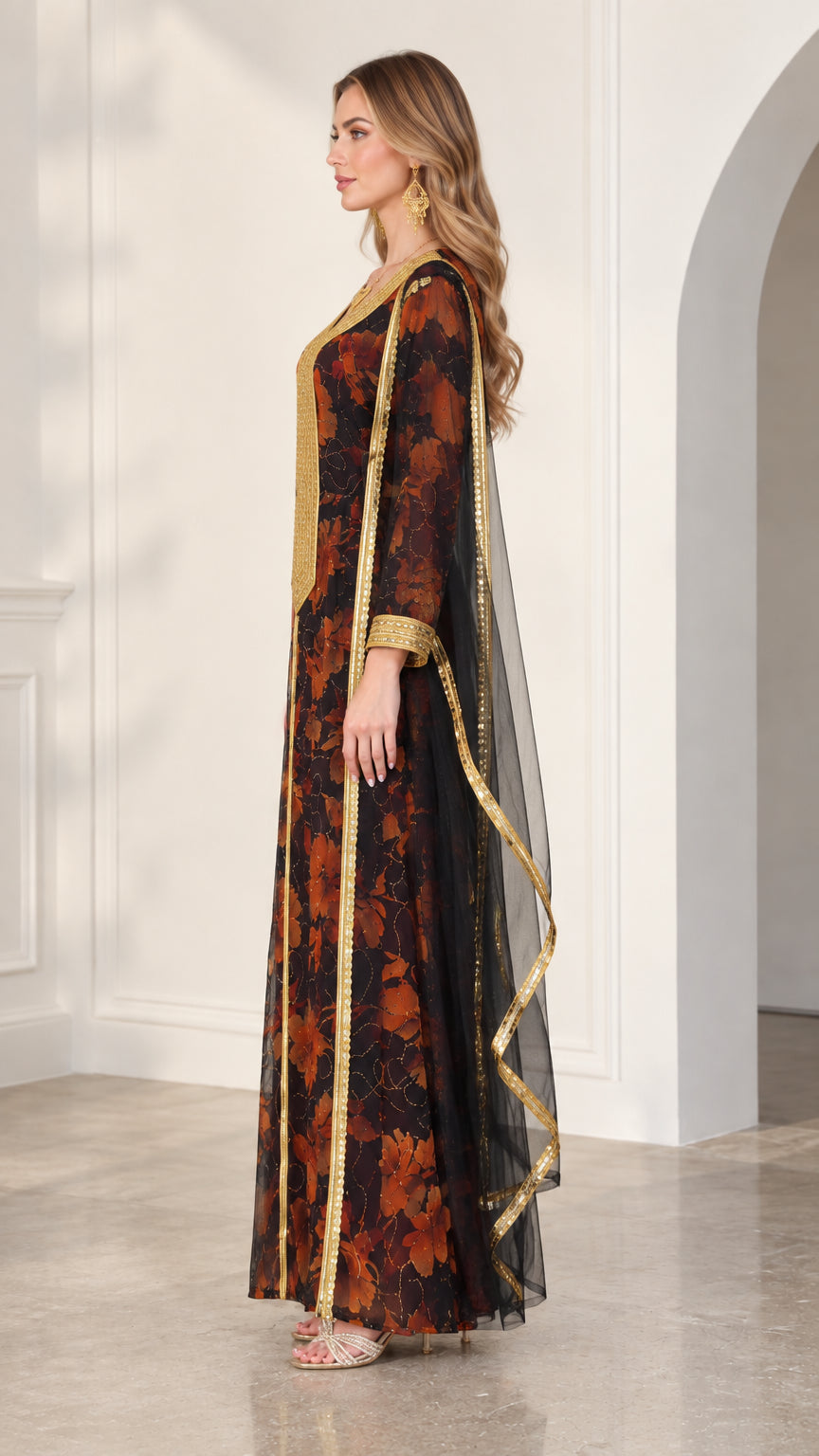 Side profile of model in black floral kaftan dress highlighting draped cape overlay