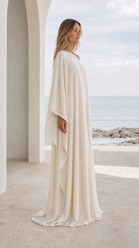 Side profile view of champagne kaftan dress showing flowing silhouette