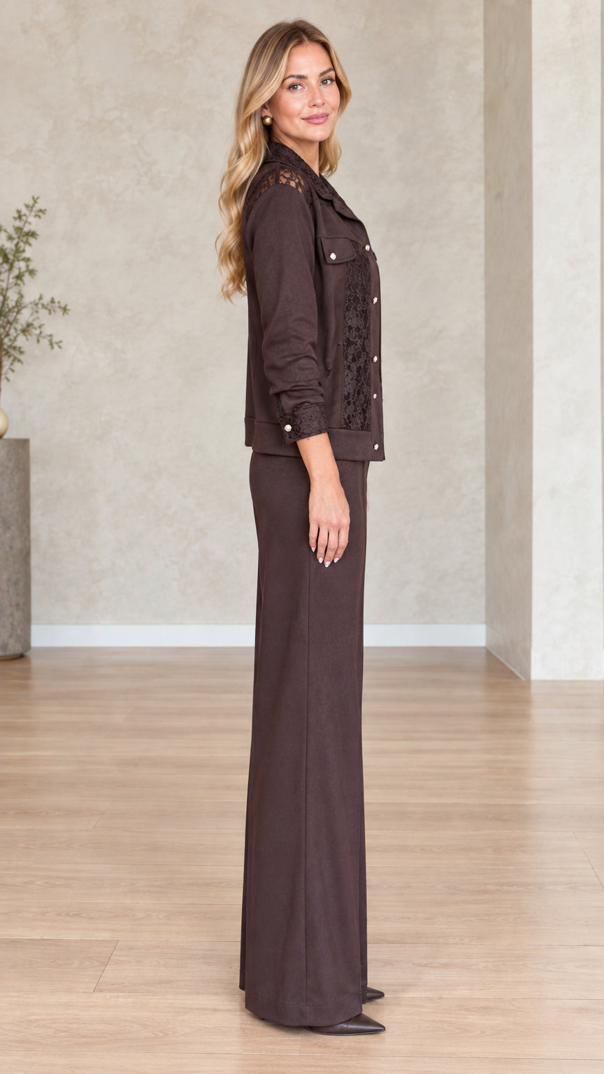 Side profile view of dark brown two-piece jacket and wide-leg pants set