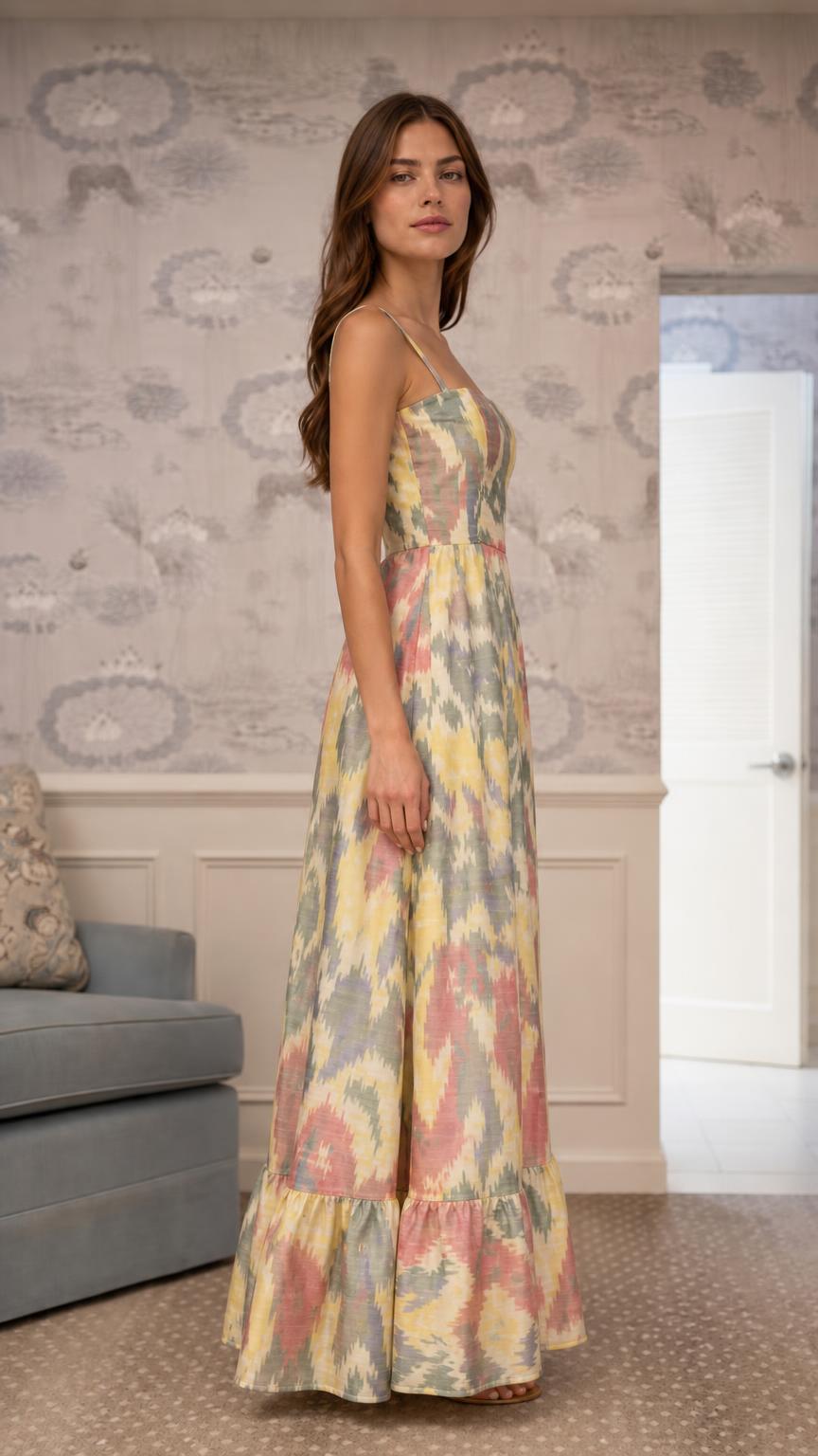 Side profile view of model in multi-color printed maxi dress