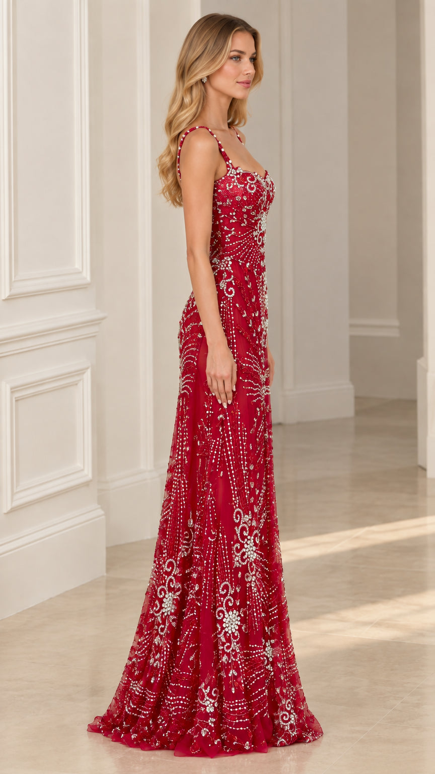 Side full-length view of Ruby Red sequined scoop neck maxi formal dress