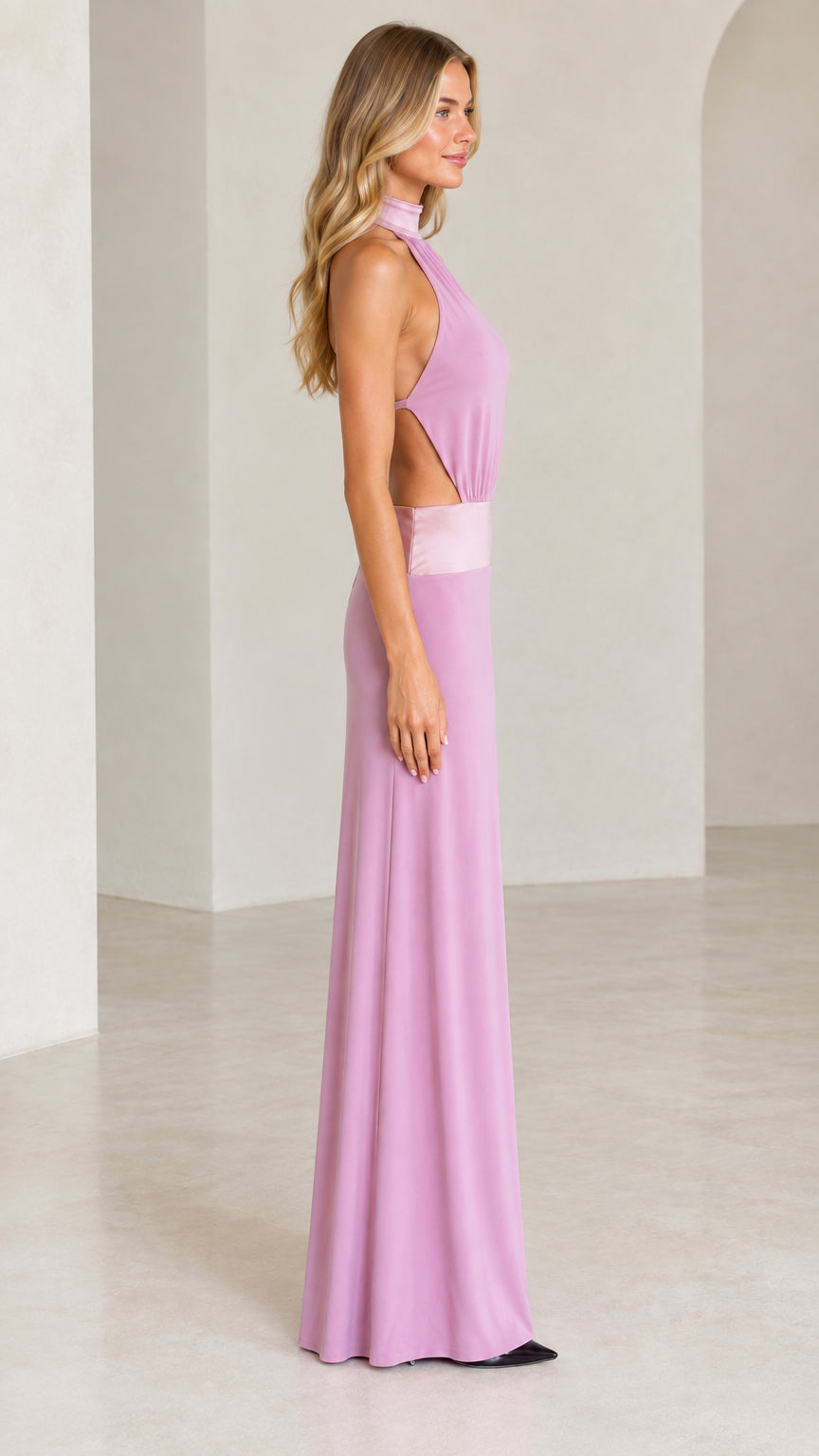 Lilac high neck halter cutout evening gown side view