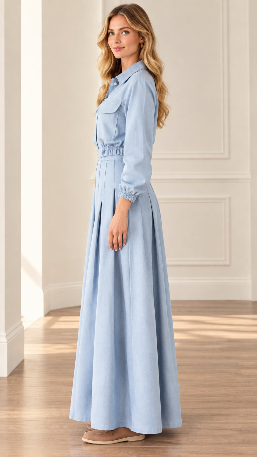 Side profile view of women's sky blue two-piece shirt and maxi skirt set