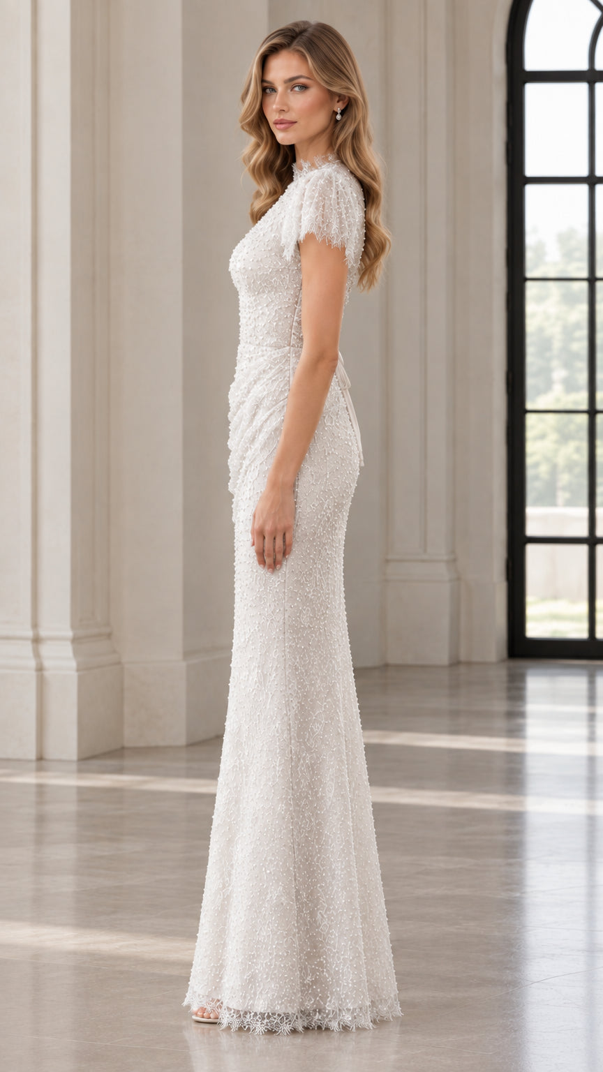 Side profile of model in white beaded sequin maxi dress showing elegant column fit