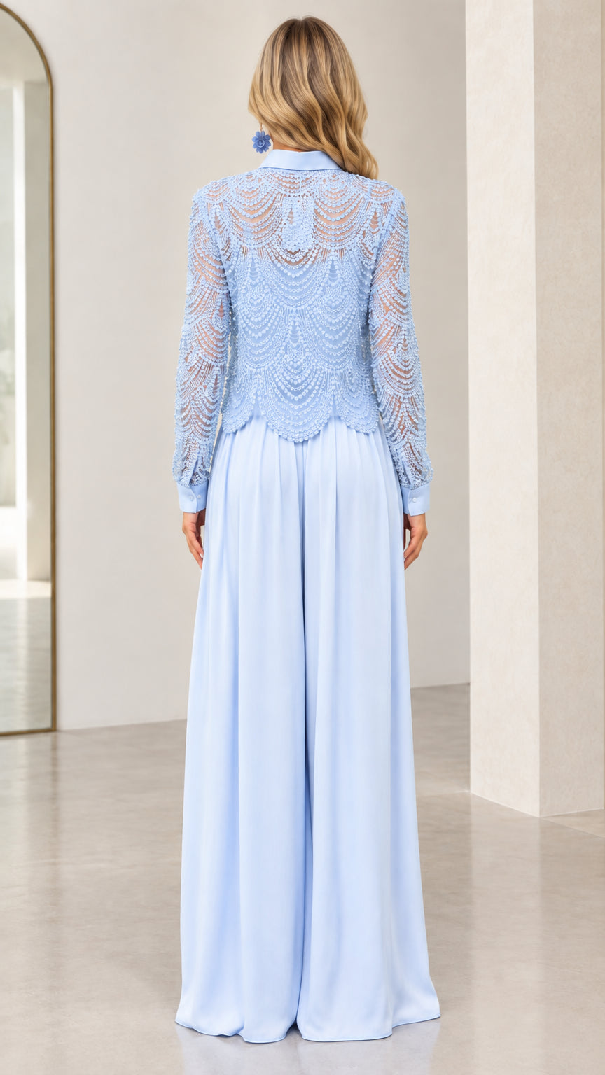 Back view of light blue lace long sleeve jumpsuit with wide palazzo pants