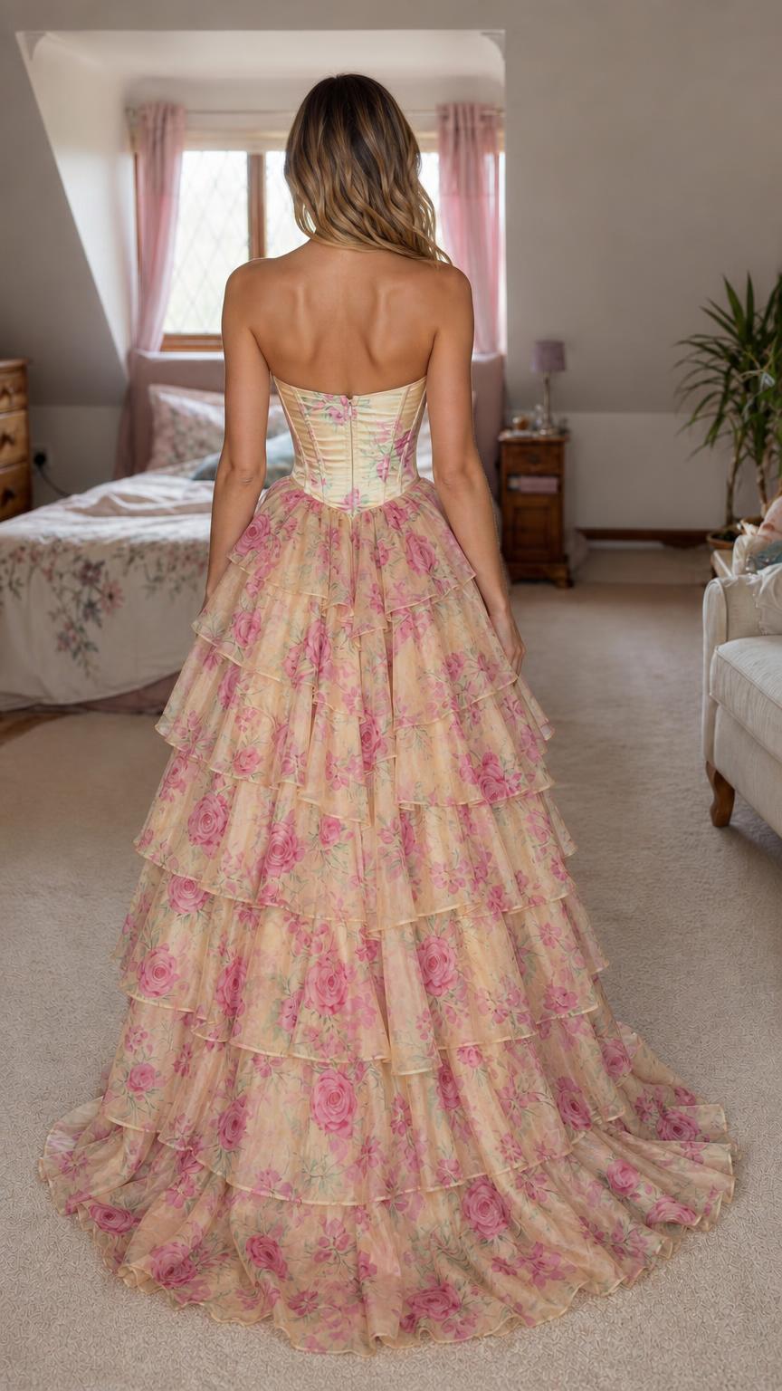 Back view showing structured corset lacing on yellow floral dress