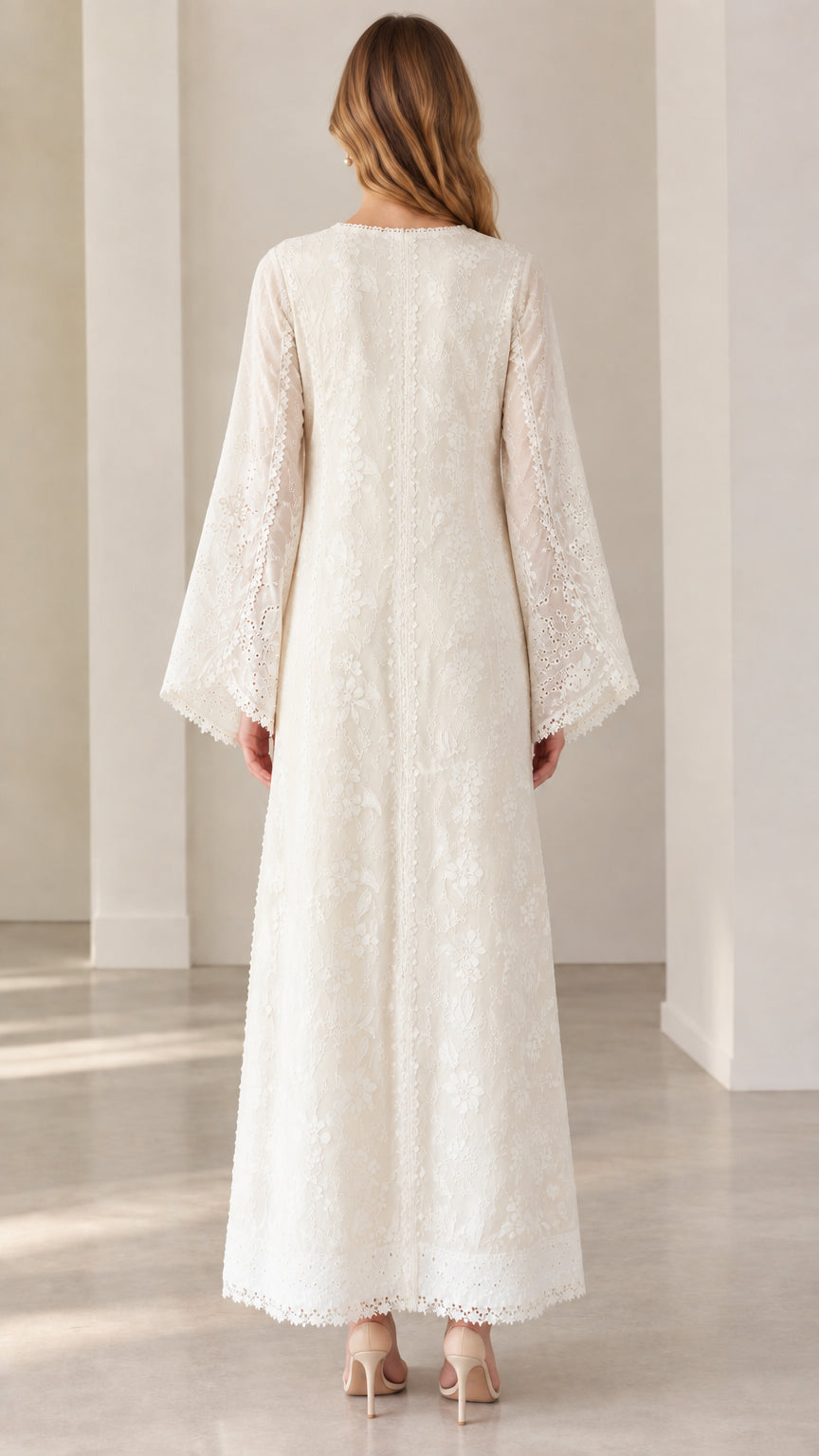 Back view of cream floral lace long sleeve evening dress