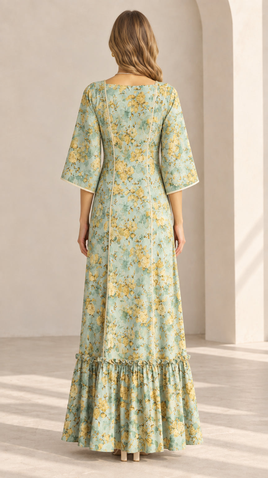 Back view of Sage Green floral square neck maxi dress with piped seams