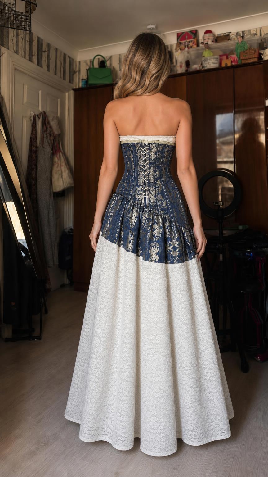 Back view of blue strapless colorblock corset maxi dress showing lace-up detail