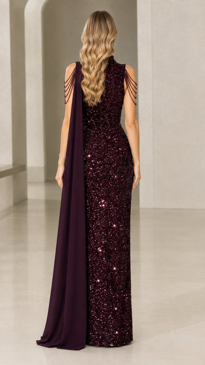 Back view of burgundy sequin cape dress with high zip closure