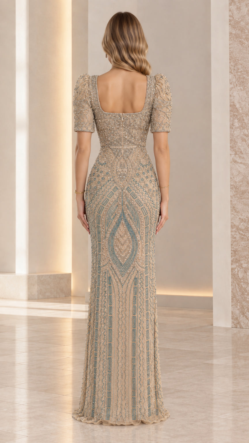 Champagne embellished evening gown back view showing square back