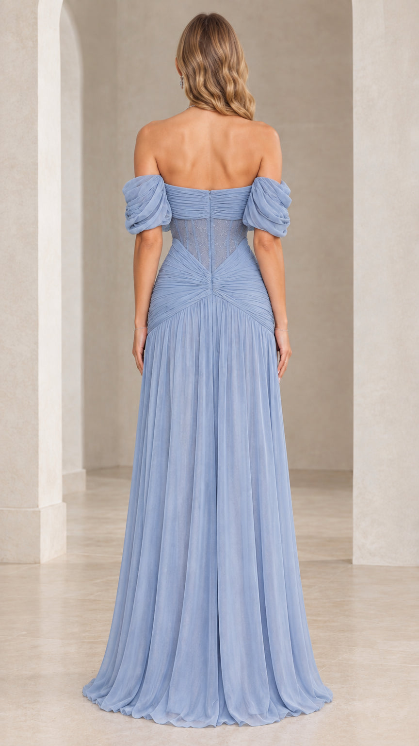 Back view of woman showing the Dusty Blue off-the-shoulder corset evening gown