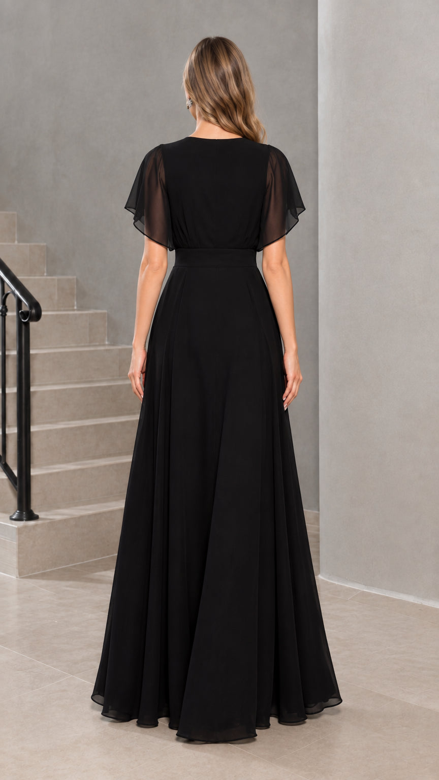 Back view of model in black flutter sleeve maxi formal dress