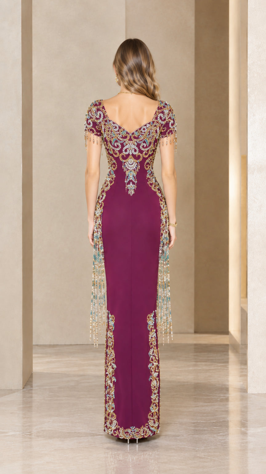 Back view of plum floor-length formal gown with beaded sweetheart scoop back
