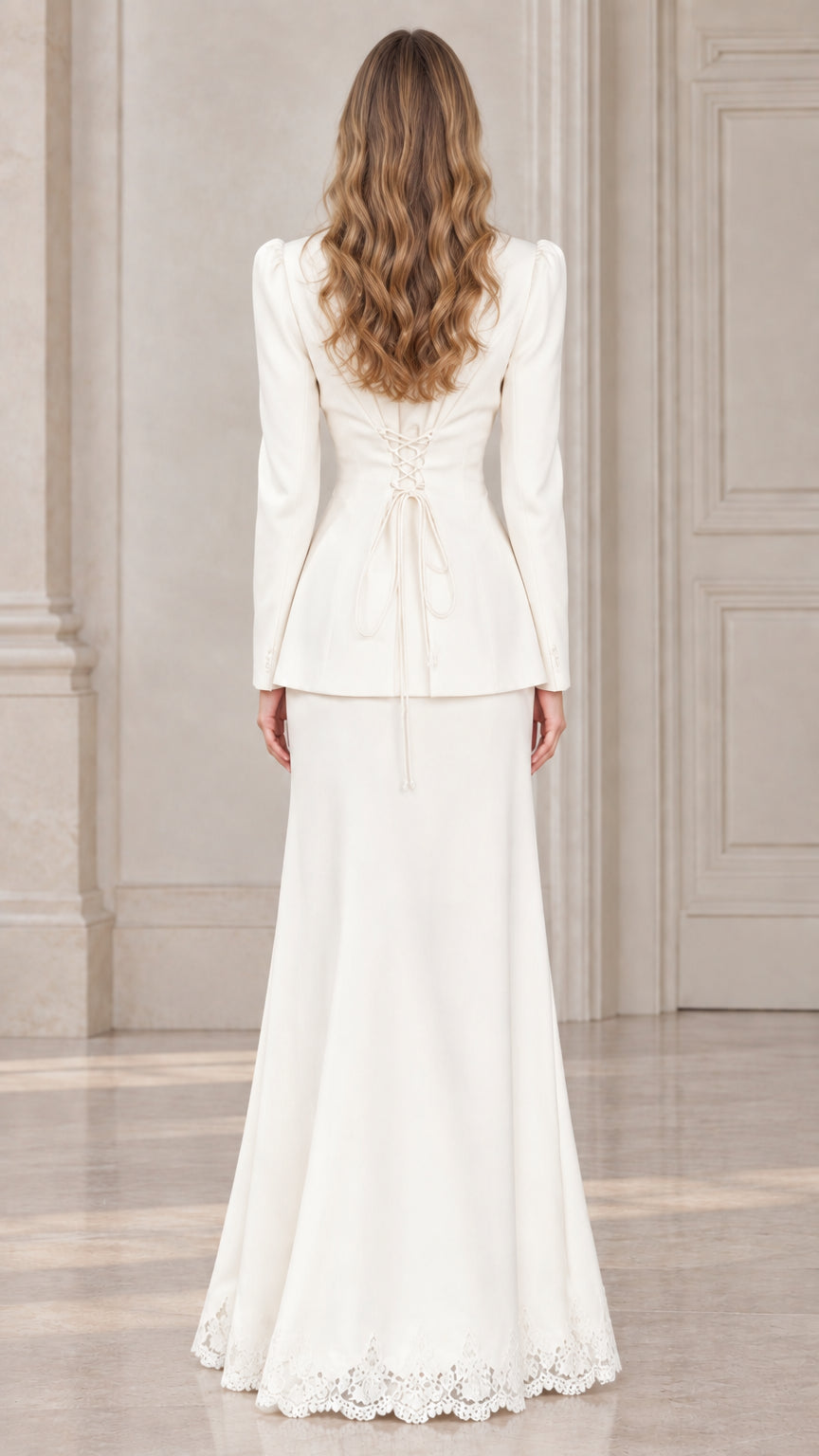 Back view of model highlighting lace-up corset detail on ivory evening blazer