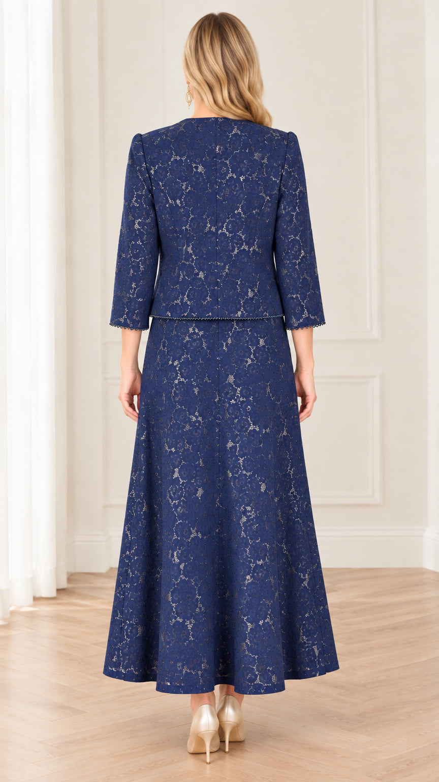 Back view of navy blue floral lace maxi dress and matching bolero jacket