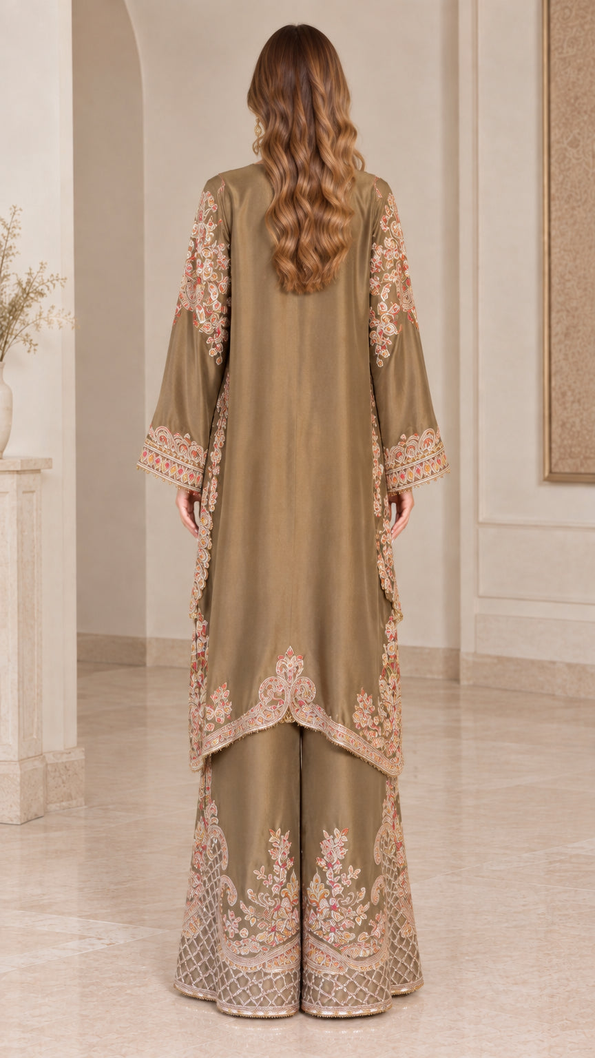 Back view of olive green embroidered long tunic and wide leg trousers