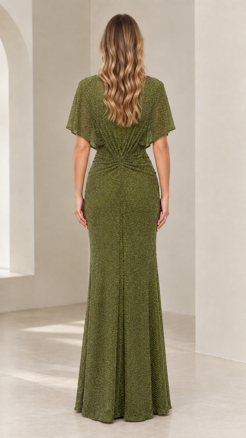 Back view of Olive Green shimmer maxi dress showing draped capelet sleeves