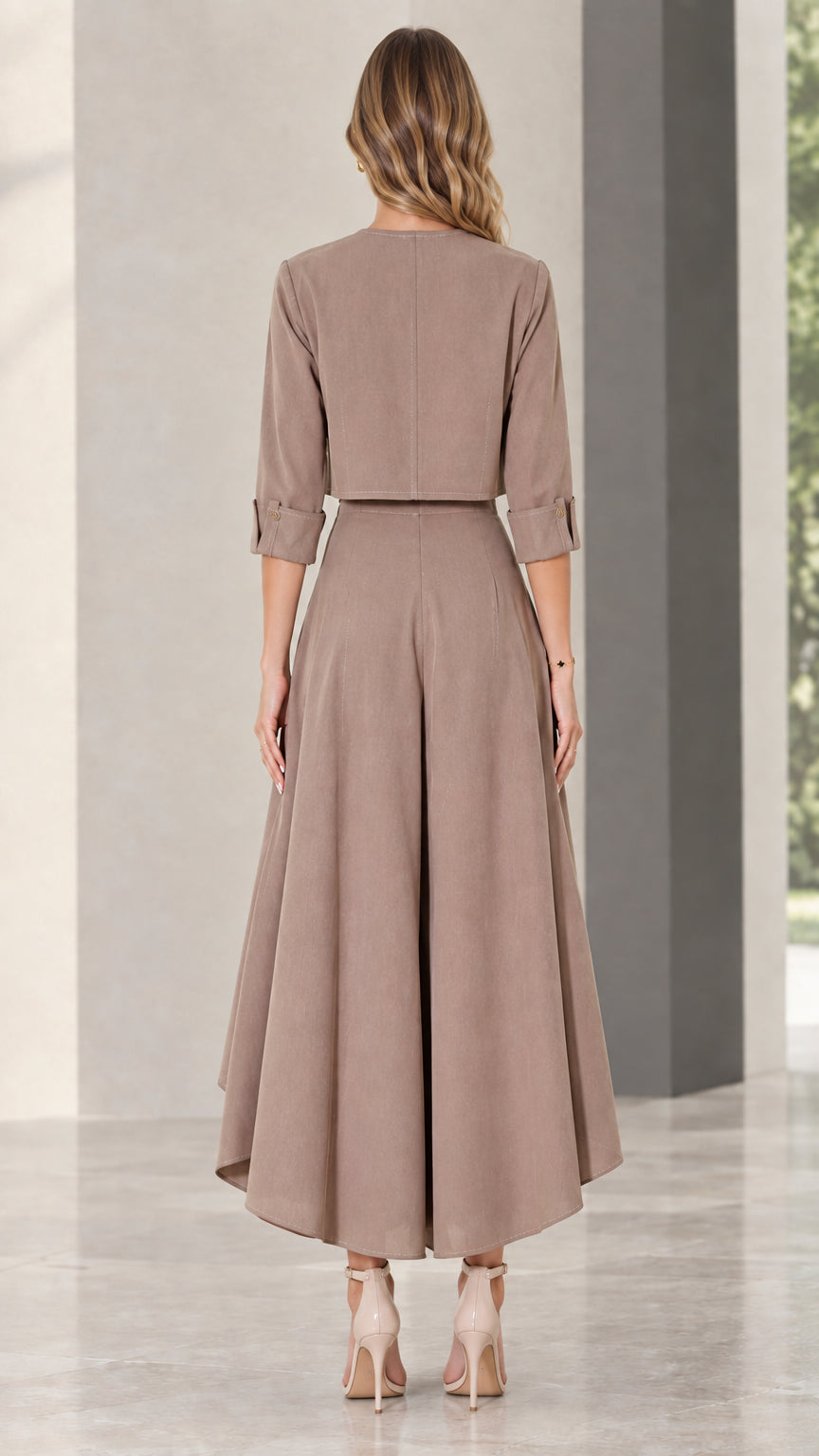 Back view of taupe cropped jacket and matching flowy pants